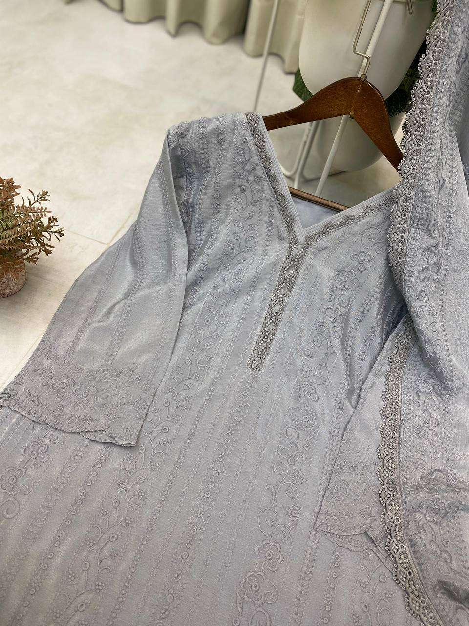 Women's Chinon Silk with Cotton Thread Embroidery Straight Kurti With Pant and Dupatta set - Image 9