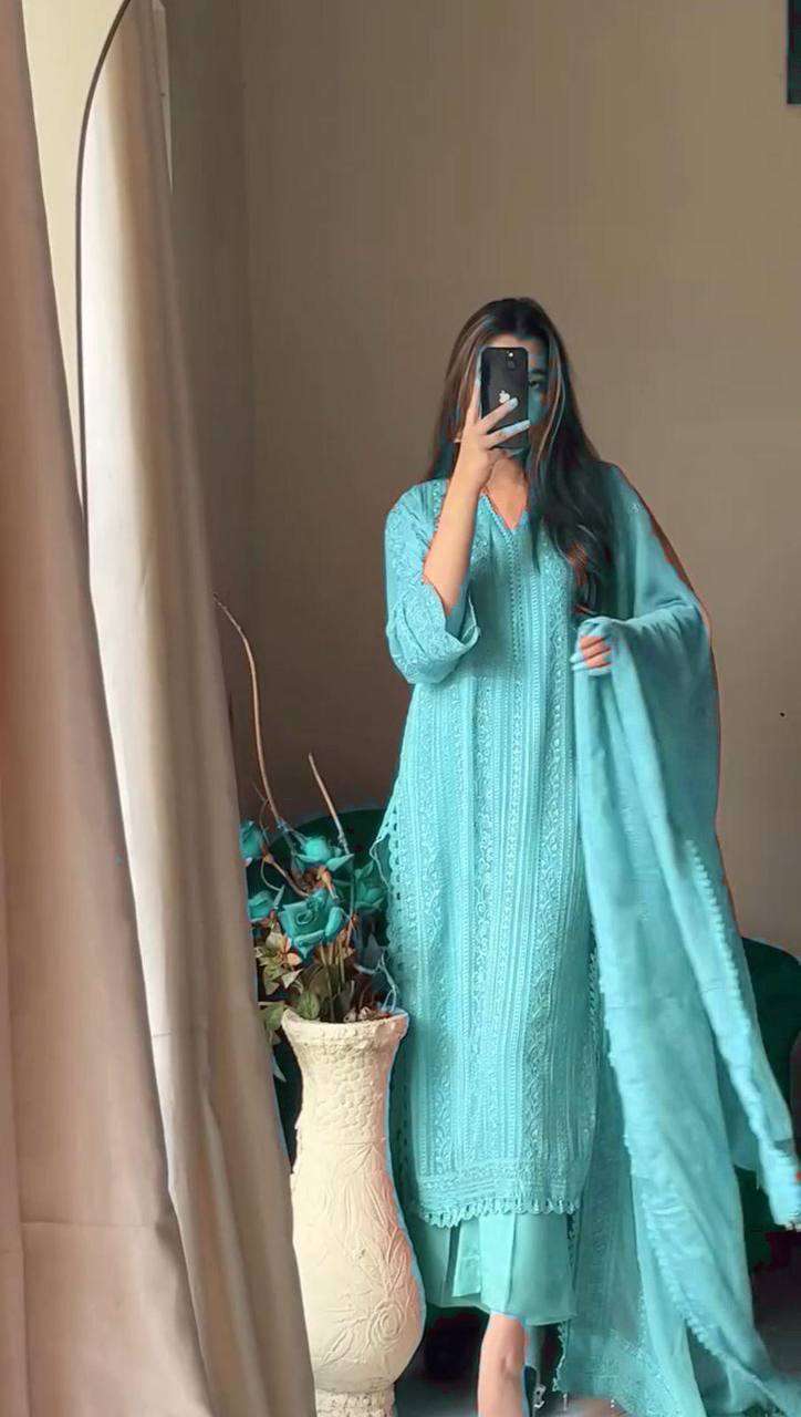 Women's Chinon Silk with Cotton Thread Embroidery Straight Kurti With Pant and Dupatta set - Image 16