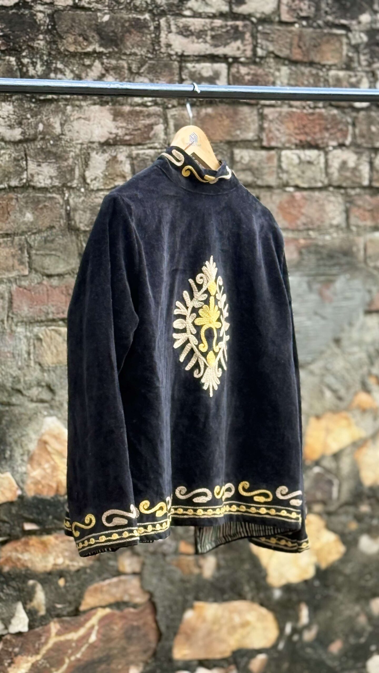 Womens Black Velvet Embroidered Jacket with Floral Design