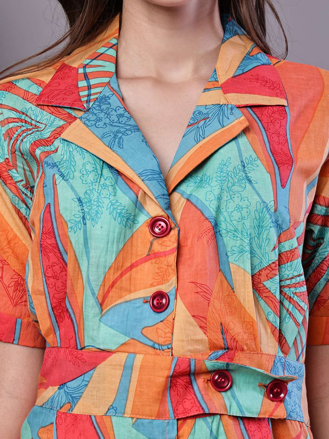 Women's Tropical Print Button-Down Cotton Midi Dress - Image 5