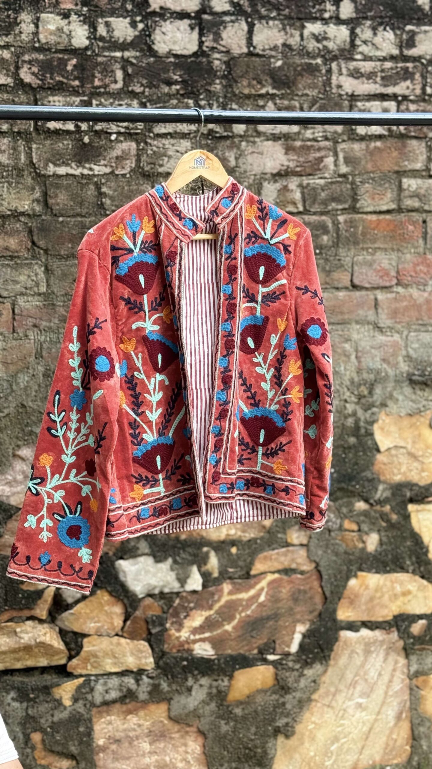 Womens Terracotta Velvet Embroidered Jacket with Floral Design - Image 4
